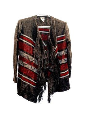 St. Johns Bay Womens XL Fringe Cardigan Sweater Gray Red Striped Relaxed Knit